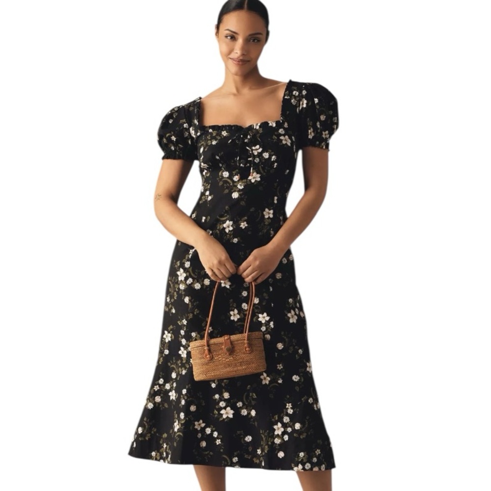 Anthropologie Maeve Linen Blend Puff-Sleeve Sweetheart Midi Dress Size S NWT